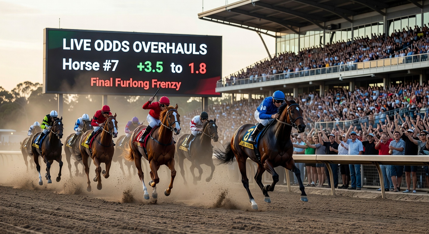 Detaillierte Grafik von Live-Quoten-Schwankungen während eines finalen Furlong-Sprints mit markierten Aufholphasen