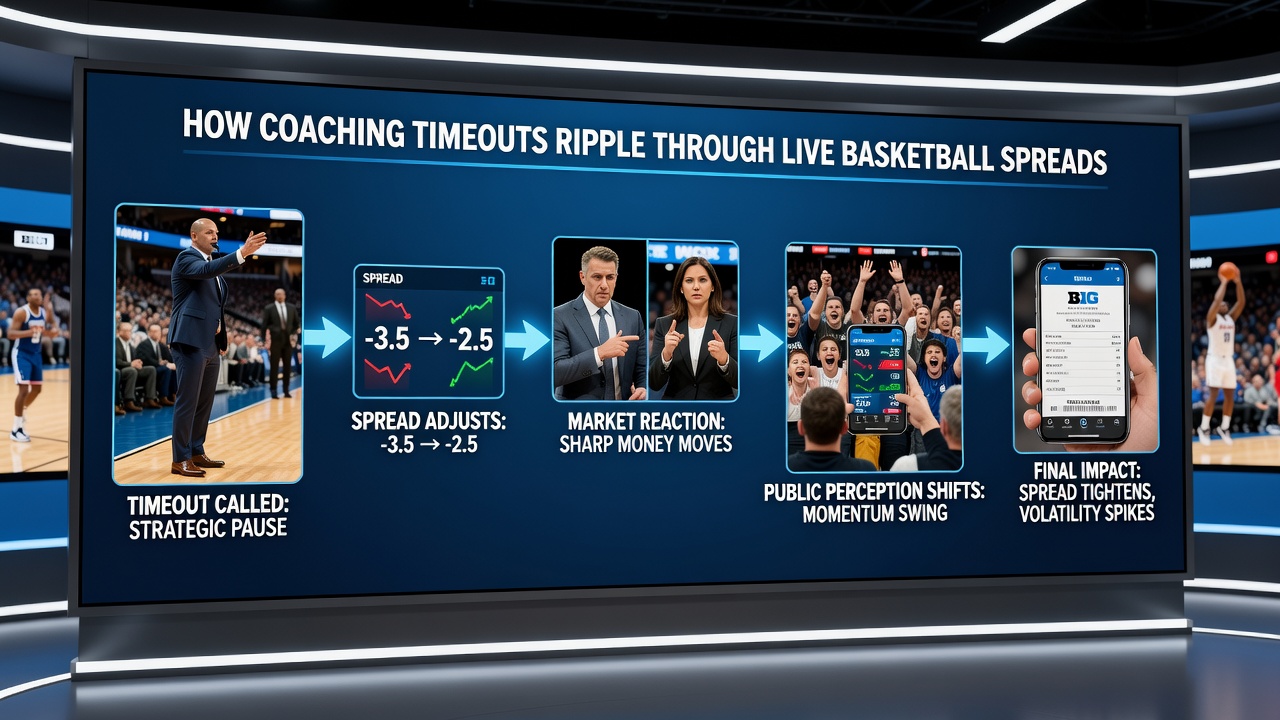 Live-Wettterminal zeigt sich verändernde Basketball-Spread-Quoten während eines Conference-Clash mit Fokus auf Timeout-Momente