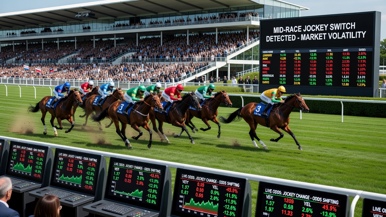 Detailansicht eines Rennverlaufs mit Fokus auf Jockey-Positionen und Wettaktivitäten an einem europäischen Track