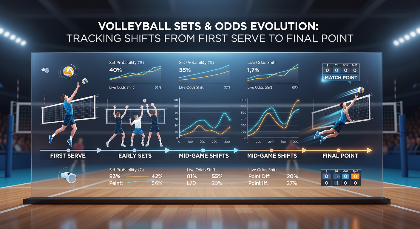 Detaillierte Chart-Darstellung der Quotenveränderungen über mehrere Volleyball-Sets hinweg, mit Markierungen für kritische Punkte