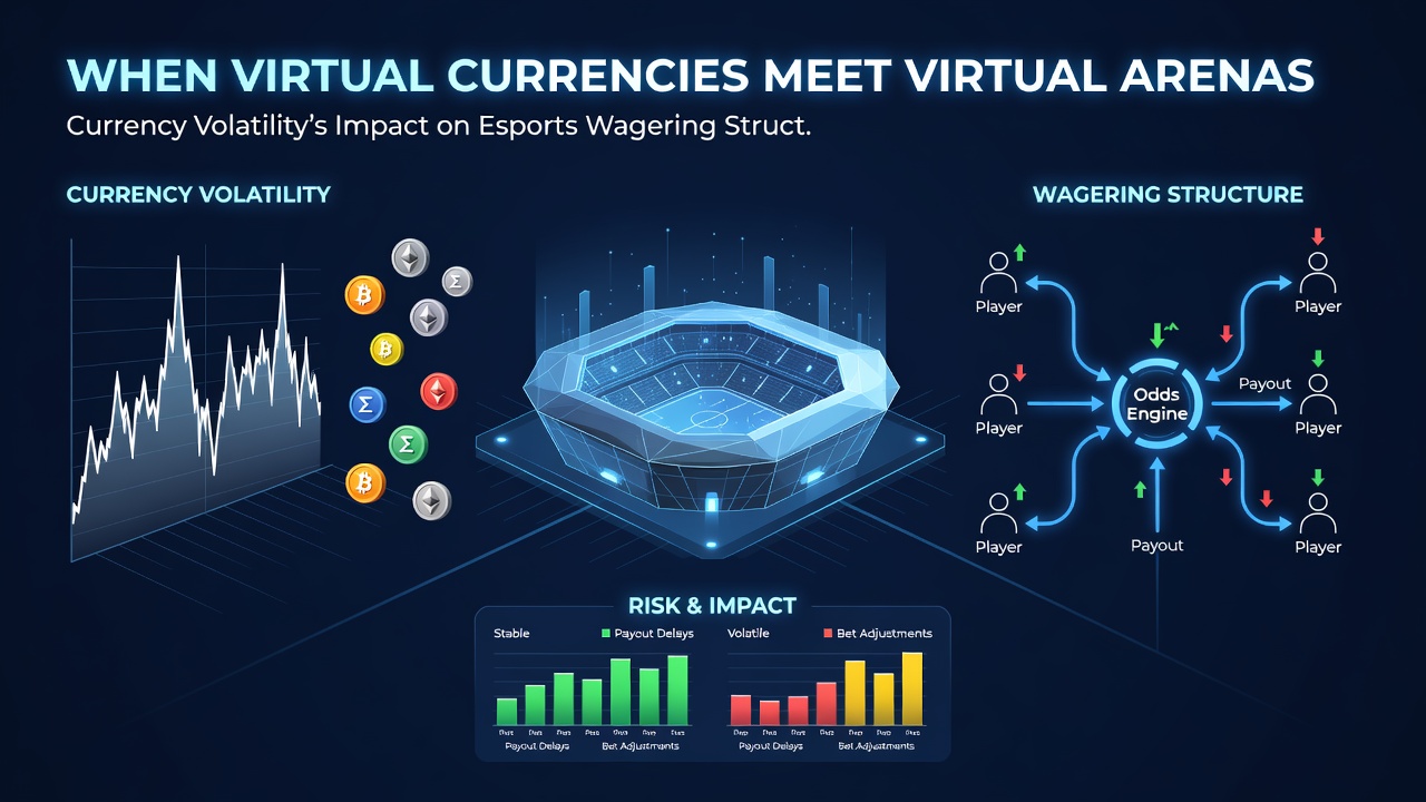 Esports-Spieler vor Bildschirmen mit Live-Wettquoten und Krypto-Kursdiagrammen, die Volatilität anzeigen